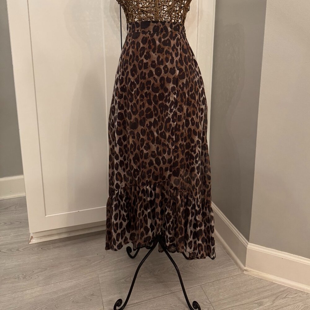 By Together | Leopard Print Midi Skirt with Slit & Ruffle Hem | Brown | Large